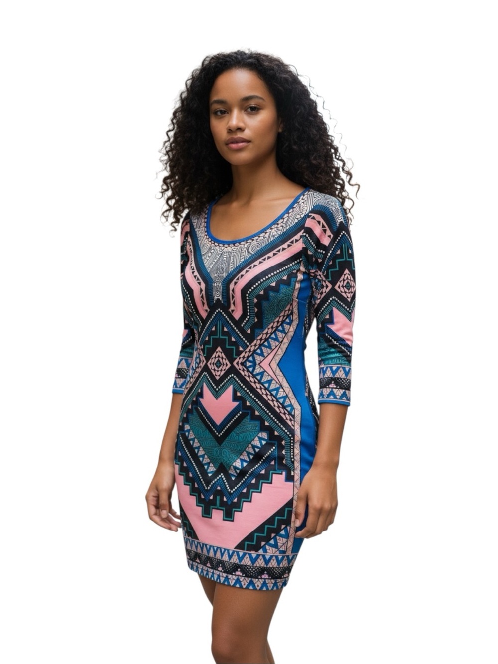 Flying Tomato Geometric Southwest Bodycon Dress in Pink & Blue Size M